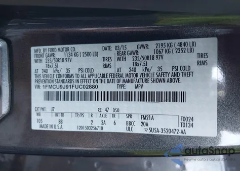 2015 Ford Escape Titanium z USA, uszkodzony, nr VIN 1FMCU9J91FUC02880